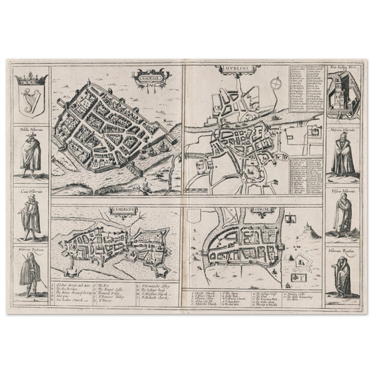 Town Plans of Dublin, Cork, Limerick and Galway (1618) – Historic Print – Irish wall art print | Buy Irish Art