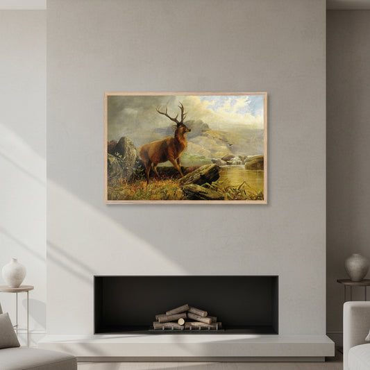 Premium interior mock-up of a framed fine art print, vertical orientation, showing Stag at Mountain Stream (1883) by Henry Morris. Museum-quality frame in NATURAL WOOD, anti-reflective glass, hanging above a modern fireplace or in an elegant living room. Soft natural light, neutral walls, subtle shadows, premium gallery aesthetic, ultra-realistic