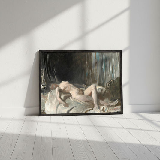 Reclining Female Figure by William Orpen in a black frame leaning against a white wall on a wooden floor