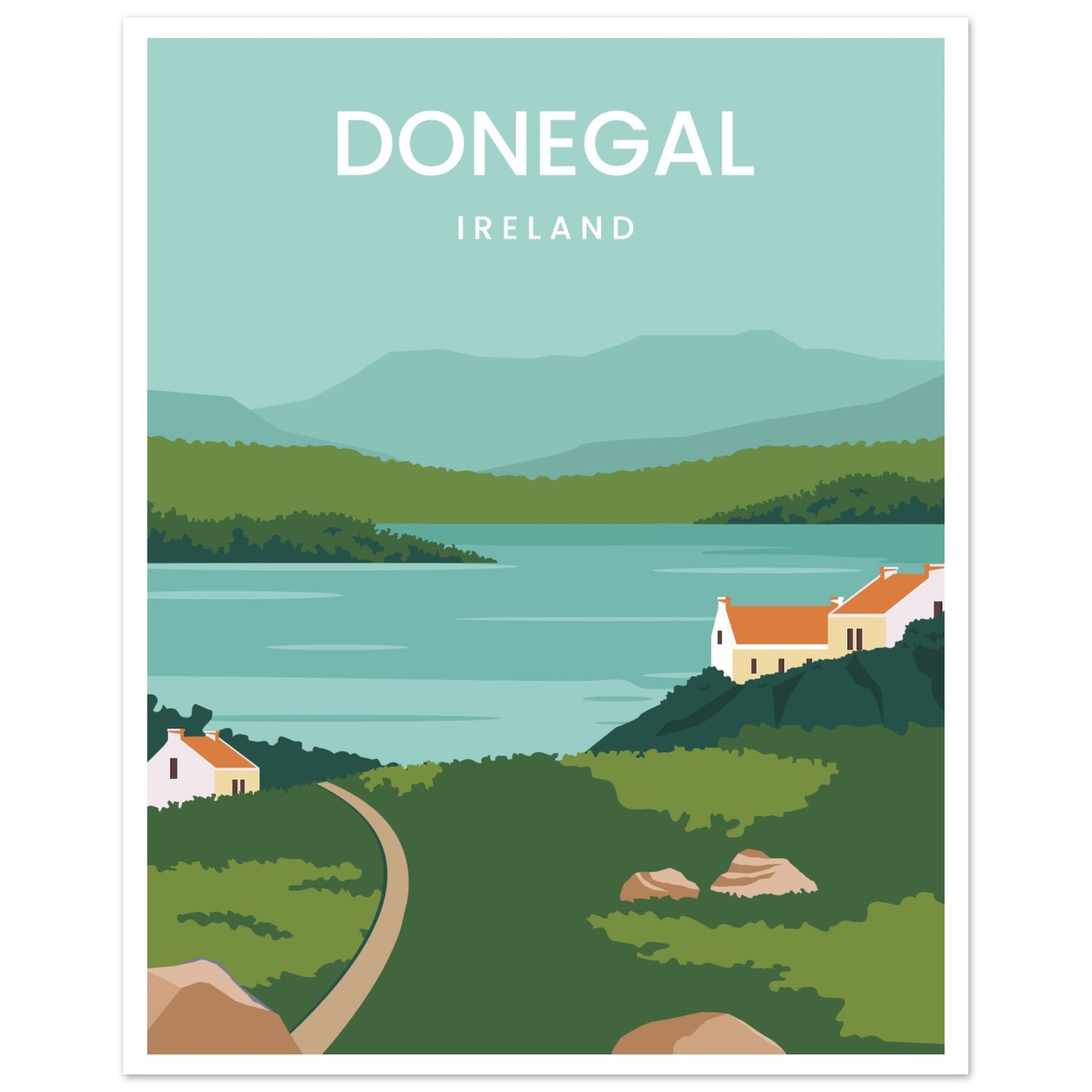 Large Donegal Ireland minimalist travel poster print with serene landscape, cottages and coastline.