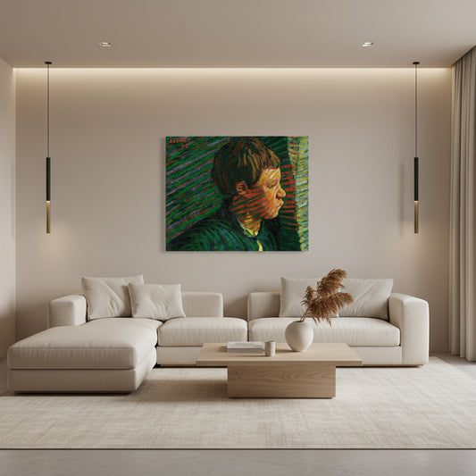 Breton Boy in Profile art print by Roderic O'Conor 40x50 cm in modern living room with oak furniture