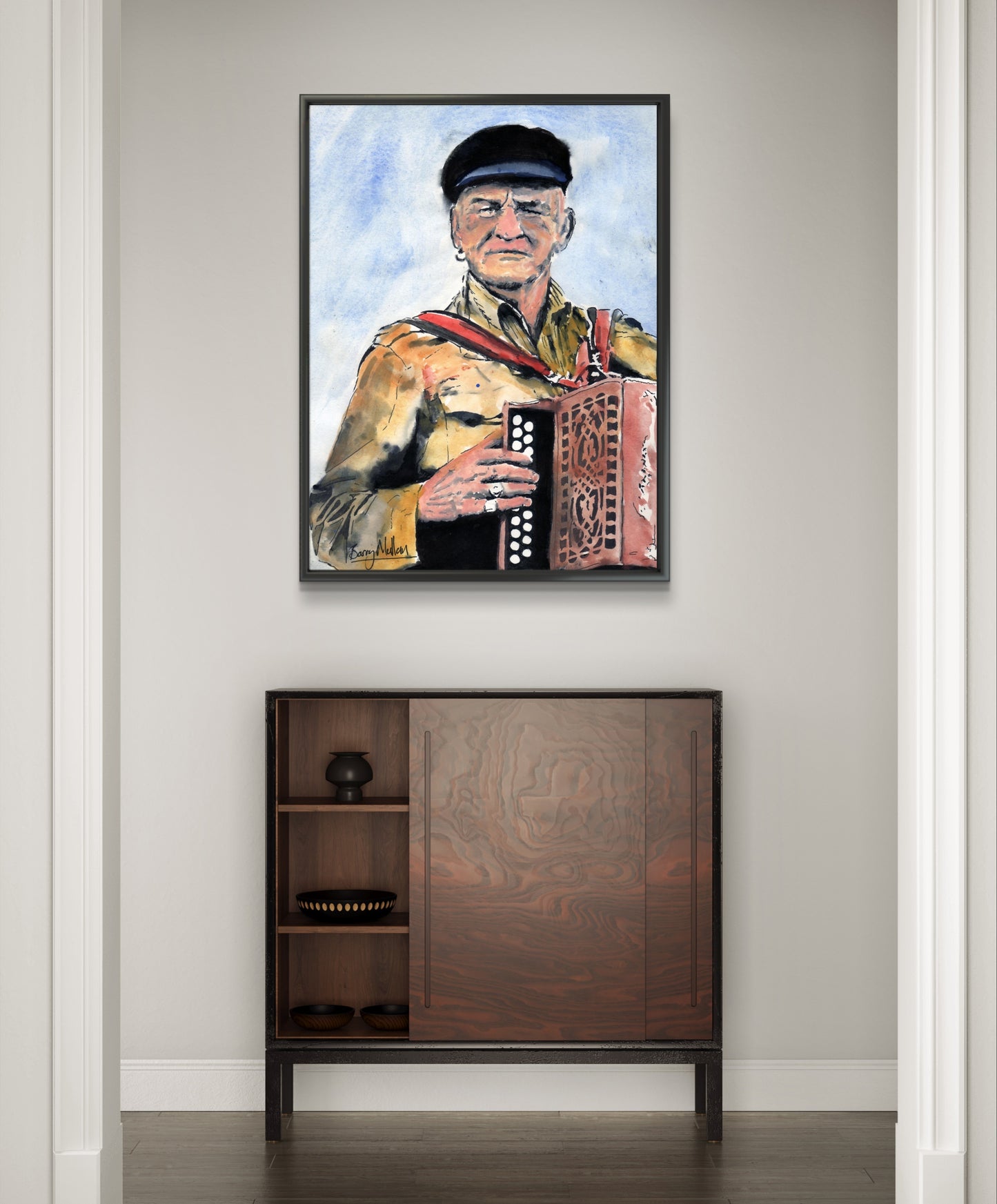 Framed art print of Patsy Dan Rogers, the King of Tory, celebrating the vibrant spirit of Tory Island. This captivating artwork by Irish artist B. Mullan captures the essence of Tory's unique culture, honouring the island's legendary figure.