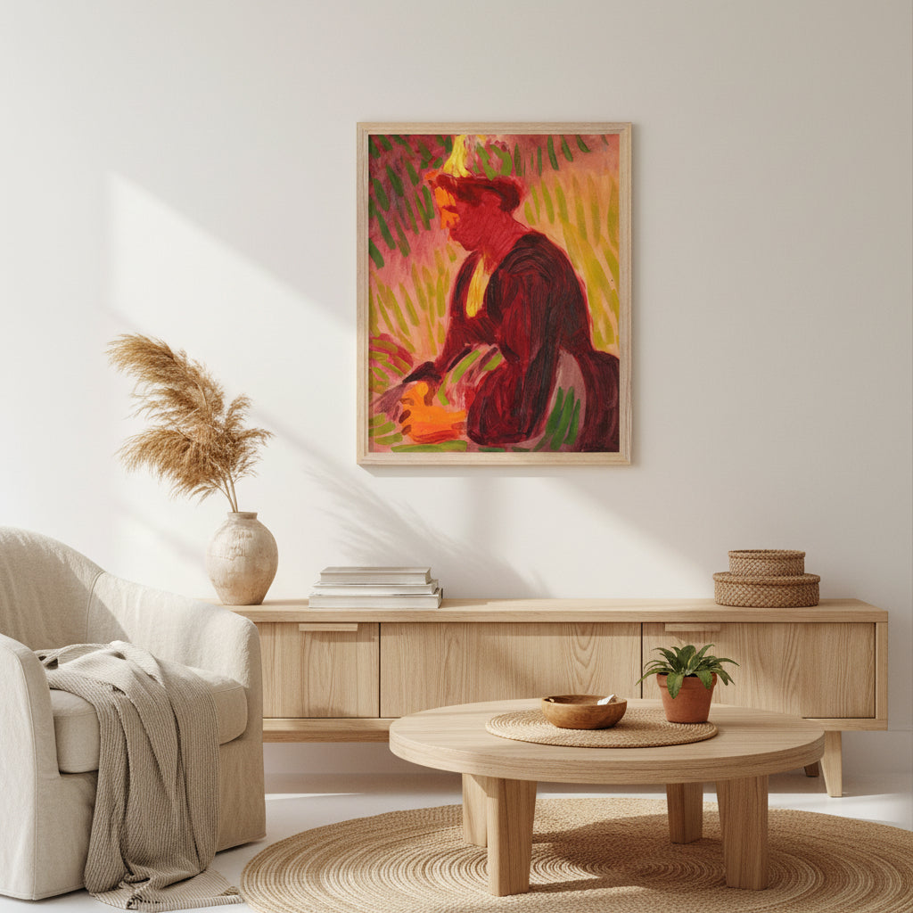 Landscape by Roderic O’Conor art print in white hardwood frame, Collector’s Edition 40x50 cm. Art print framed in natural wood (oak/ash) displayed above a warm, organic-modern living room setting; cream walls, woven textures, light oak furniture, soft sunlight, earthy décor, calm Scandinavian aesthetic.