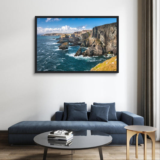 Framed print showcasing Mizen Head, County Cork. Captures the Atlantic coast's raw power, cliffs, and ocean. Ideal for nature lovers seeking striking décor.