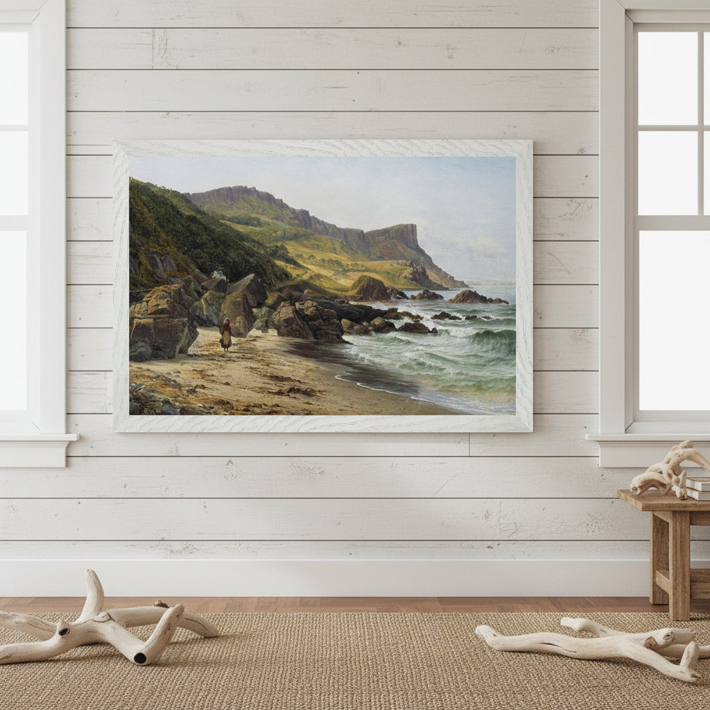 Murlough Bay and Fair Head, Coast of Antrim – Collector’s Edition Fine Art Print
Whitewashed timber walls, textured jute rug, driftwood accents, framed seascape print as main focal point, natural light from coastal window.