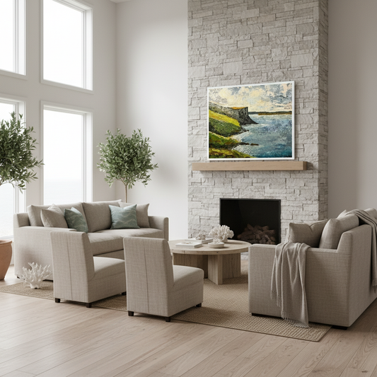 Murlough Bay und Fair Head, Küste von Antrim, gerahmter Wand-Kunstdruck eines irischen Künstlers