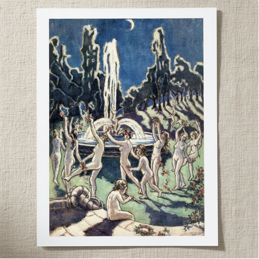 Nudes Dancing round a Fountain by Moonlight by Mainie Jellett Irish Modernist unframed archival art print resting on light linen fabric. Soft natural daylight, gentle shadows, artisanal fine-art photography style.