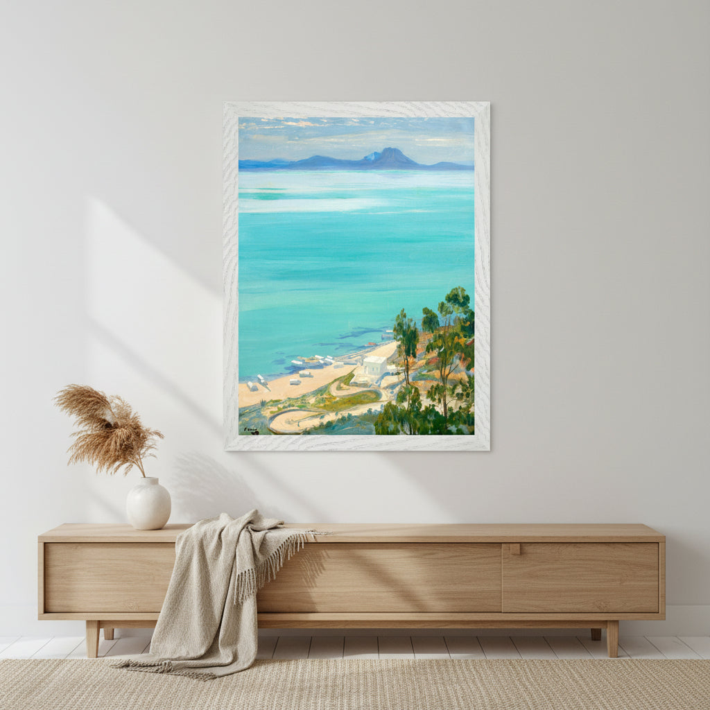 The Bay of Tunis, Morning by Irish Artist Sir John Lavery (1919) – Irish Art Print in white wooden frame above a light oak sideboard, soft natural
daylight, minimalist Scandinavian home decor, neutral tones, linen textures,
calming atmosphere, 4K