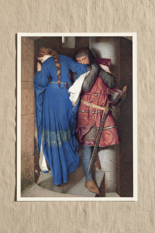 The Meeting on the Turret Stairs – Irish Romantic Art Print unframed archival print resting on light linen fabric. Soft natural daylight, gentle shadows, artisanal fine-art photography style. Buy Irish Art