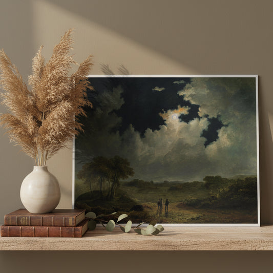 The Poachers (c.1830s) by James Arthur O’Connor – Irish Art Print unframed print propped on shelf with ceramic vase, antique books and dried
botanical accents, warm directional light, quiet heritage atmosphere, 4K