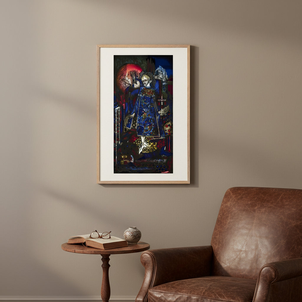 Create a premium interior mock-up of a Collector’s Edition archival print of “The Song of the Mad Prince” by Harry Clarke (1917). Frame: natural oak hardwood, FSC-certified, warm tone, gallery profile.
Print size: 40 × 80 cm.