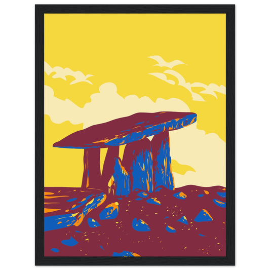 Vintage framed travel poster art print of Poulnabrone Dolmen in the Burren, County Clare. Neolithic portal tomb framed against limestone landscape, evoking nostalgia and history.