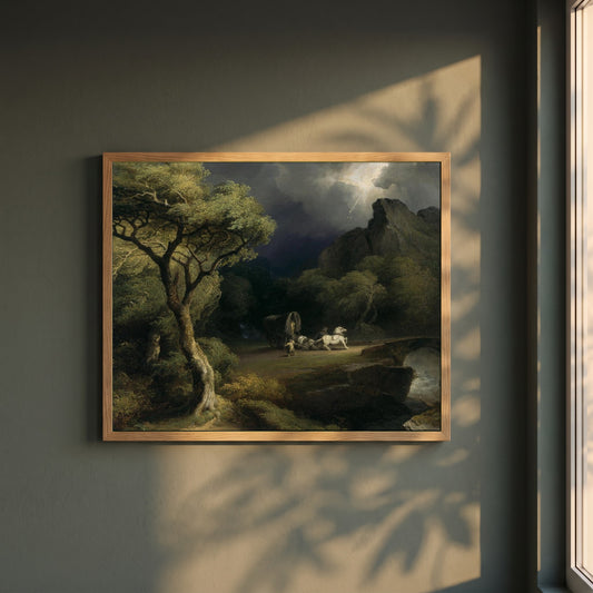 A Thunderstorm framed print in a natural oak frame on a dark green wall beside a window, dappled plant shadow