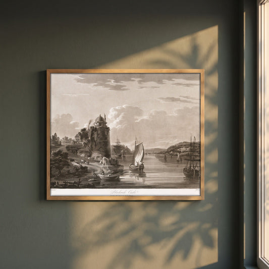 Blackrock Castle 1796 by Thomas Sautelle Roberts Art Print framed print in a natural oak frame on a dark green wall beside a window, dappled plant shadow