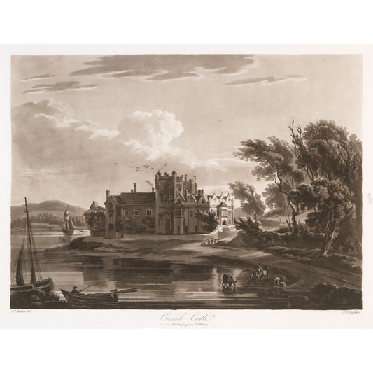 Ormond Castle at Carrick-on-Suir, 1796 aquatint by Thomas Sautelle Roberts, engraved by John William Edy - vintage Irish art print