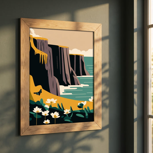 Cliffs of Moher, County Clare framed print in a natural oak frame on a dark green wall beside a window, dappled plant shadow