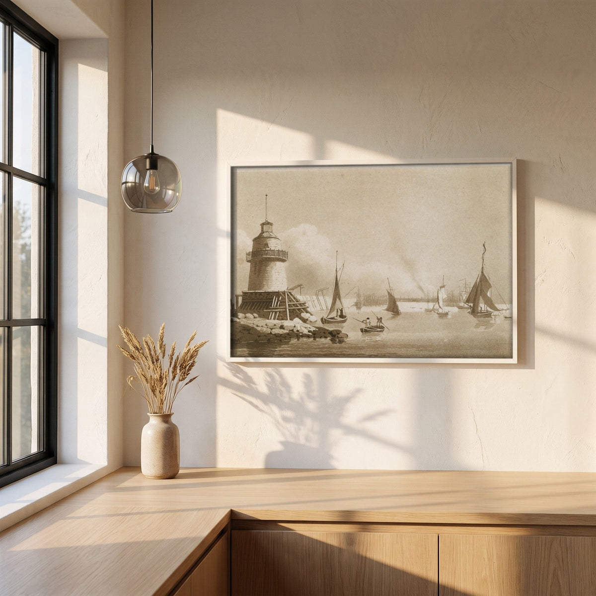 Dublin Harbour from Poolbeg Lighthouse framed print in a white frame on a plaster wall above an oak worktop in a bright Scandinavian kitchen