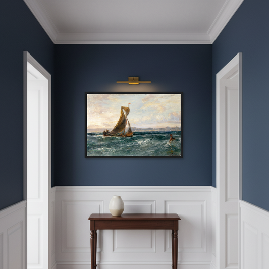 Edwin Hayes Dublin Bay seascape print in black frame on dark wall Georgian hallway
