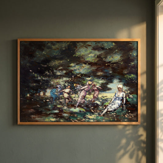 Fairies in a Wood by George Russell (Æ) framed print in a natural oak frame on a dark green wall beside a window, dappled plant shadow