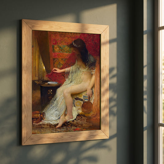 Lesbia's Sparrow framed print in a natural oak frame on a dark green wall beside a window, dappled plant shadow