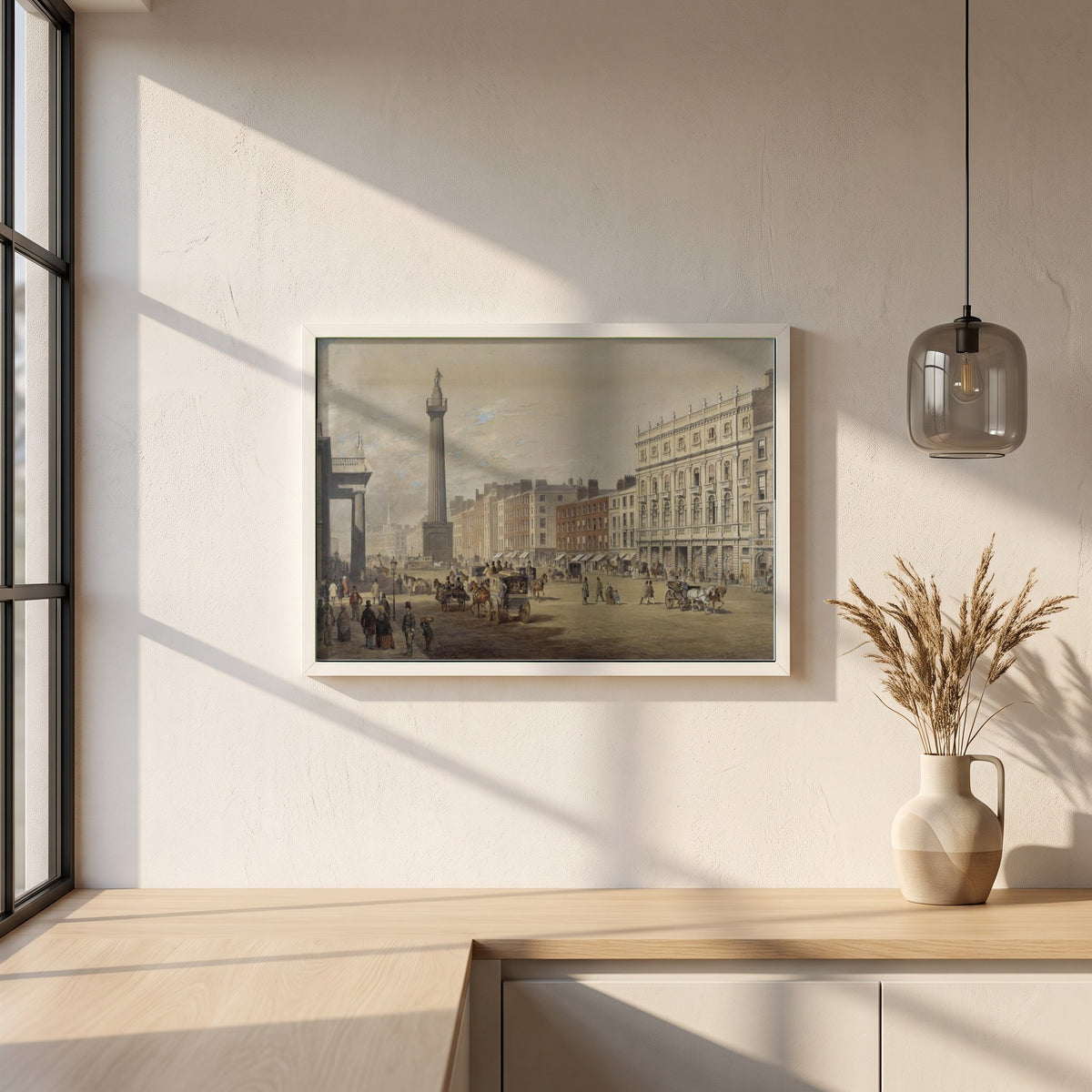 Sackville Street, Dublin framed print in a white frame on a plaster wall above an oak worktop in a bright Scandinavian kitchen