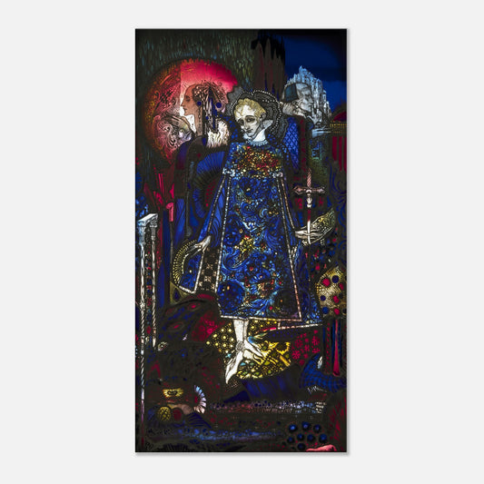The Song of the Mad Prince" by Harry Clarke 1917 – Gothic Art Nouveau canvas wall art print Extreme macro capturing the microscopic weave of the canvas, pigment granularity, sharp micro-detail, hyper-realistic product photography.