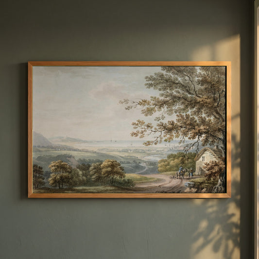 Thomas Sautelle Roberts framed print in a natural oak frame on a dark green wall beside a window, dappled plant shadow