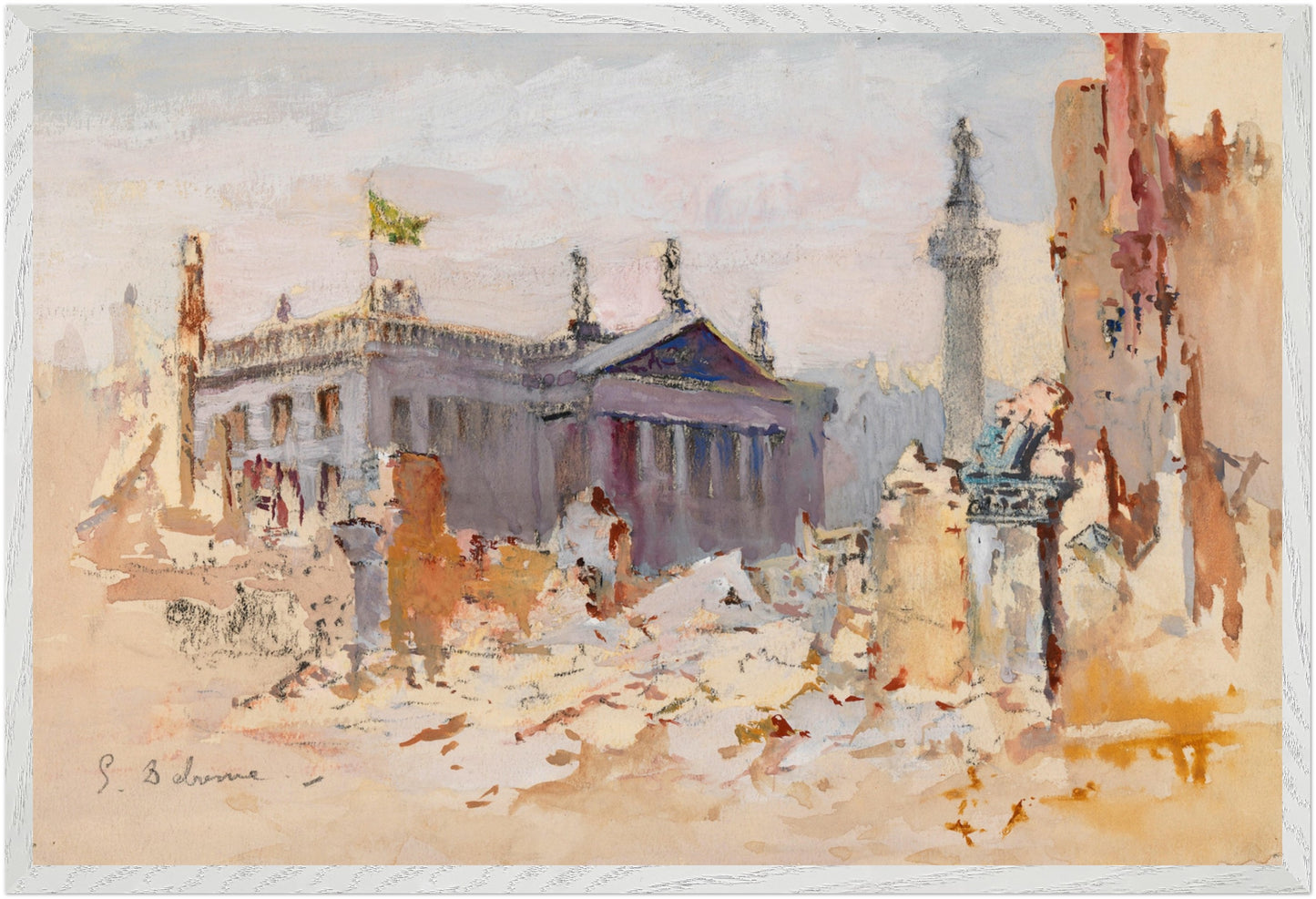 The Ruins of O’Connell Street, 1916, large framed Irish historical art print in white gallery frame, 60×90 cm