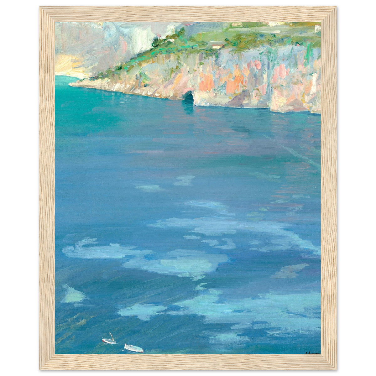 The Little White Boats, Cap Ferrat by Sir John Lavery, 40x50cm archival print in natural wood frame, impressionist Mediterranean seascape with boats and cliffs