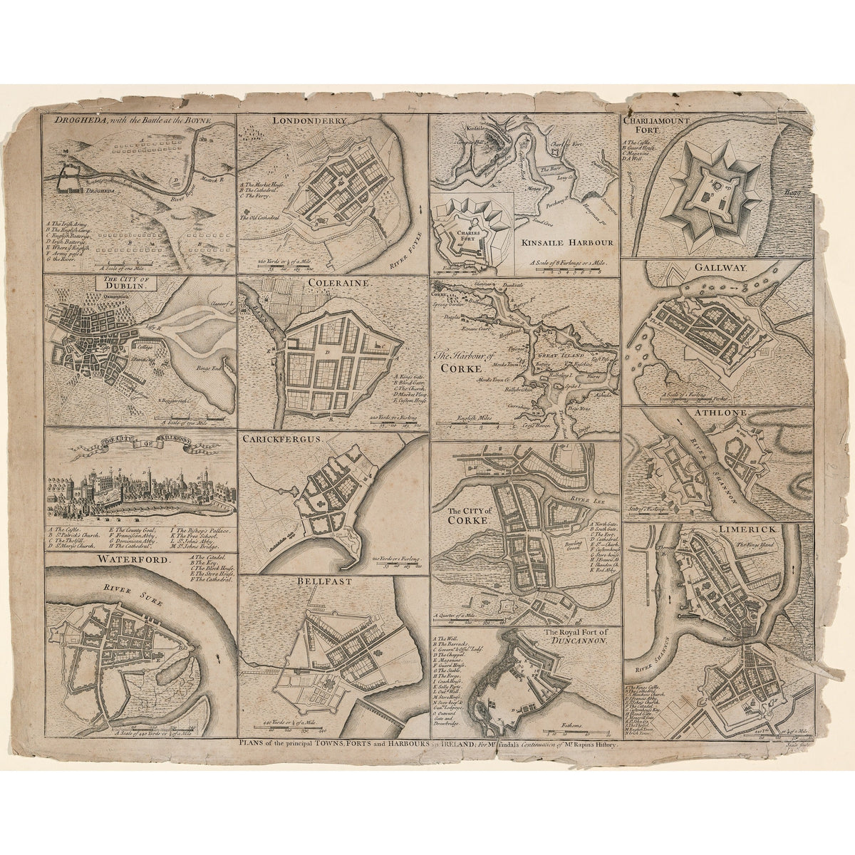 Plans of the Principal Towns, Forts and Harbours in Ireland, c.1748, engraved by Richard William Seale - vintage Irish map print