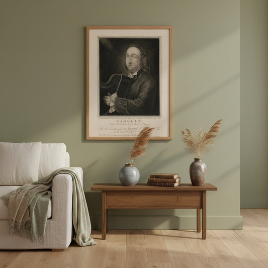 Framed engraving of the harper Turlough O'Carolan hung above a wooden console against a sage green wall