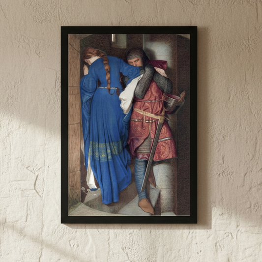 The Meeting on the Turret Stairs by Frederic William Burton, a framed print in a black frame on a textured plaster wall