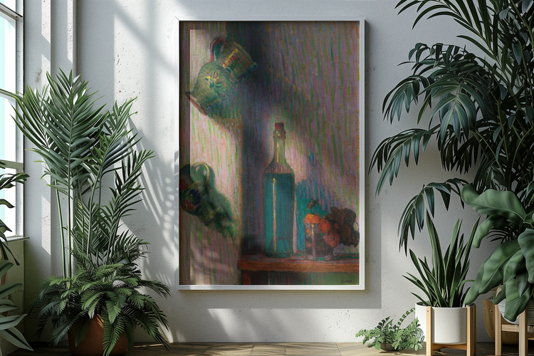 Flowers-Bottle-and-Two-Jugs-by-Irish-Artist-Roderic-O'Conor-Art=Print-placed-in-a-relaxing-setting-with-indoor-plants