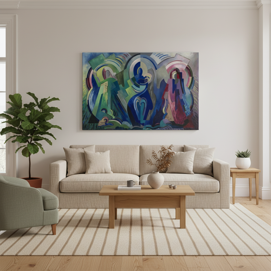 Premium canvas print of Mainie Jellett’s The Virgin of Éire, shown in a clean angled view with rich modernist colours and textured gallery wrap—ideal as a statement art piece for Irish-inspired interiors.
