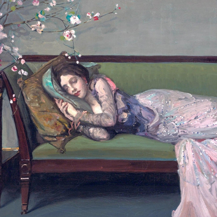 The Green Sofa by Sir John Lavery, reclining female figure on a green sofa with blossom branches