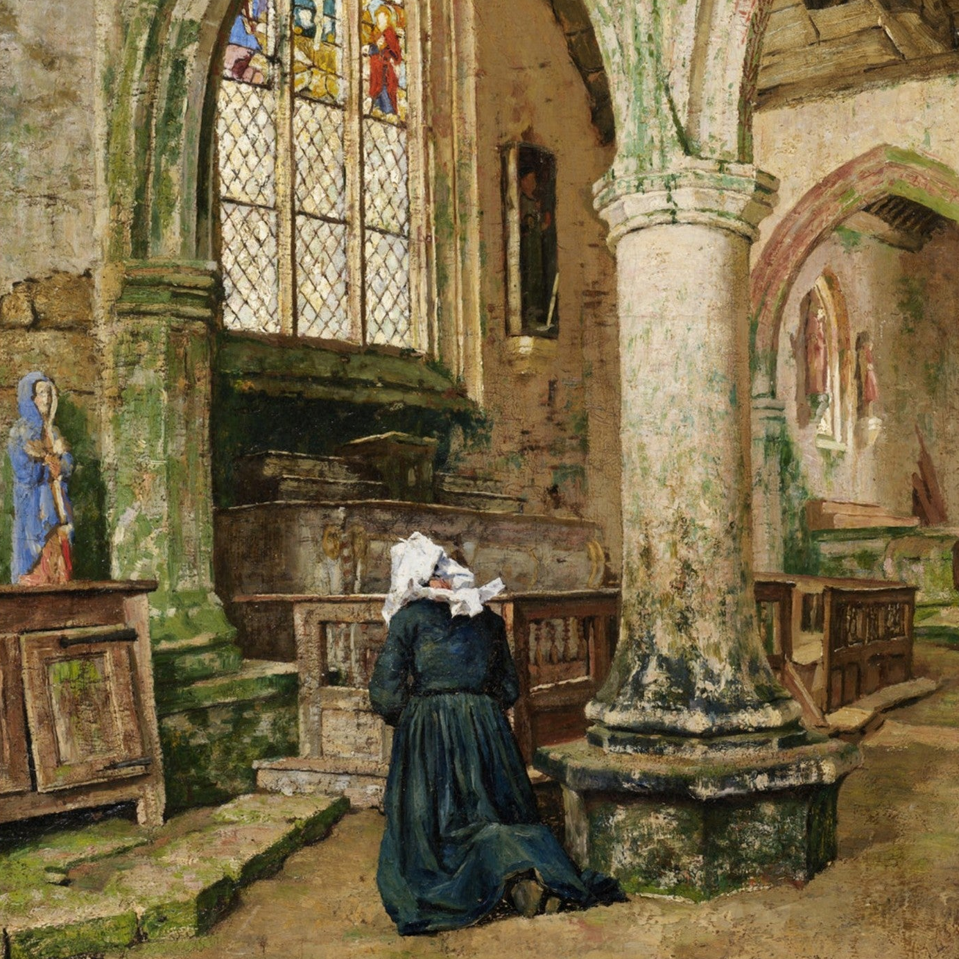Interior of a church in Brittany by Aloysius O’Kelly, depicting a woman kneeling in prayer beneath stone arches and stained glass.