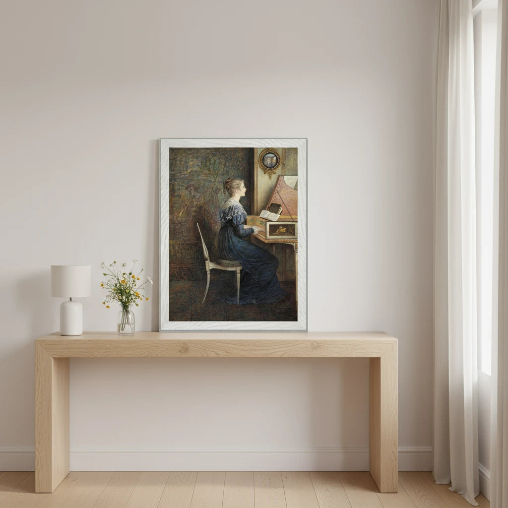 “An Old Song” (1874) by William John Hennessy in a white gallery frame, centered above a pale oak console table in a light-filled contemporary Dublin apartment; linen curtains, ceramic lamp, and a sprig of wildflowers add an air of simple Irish refinement.