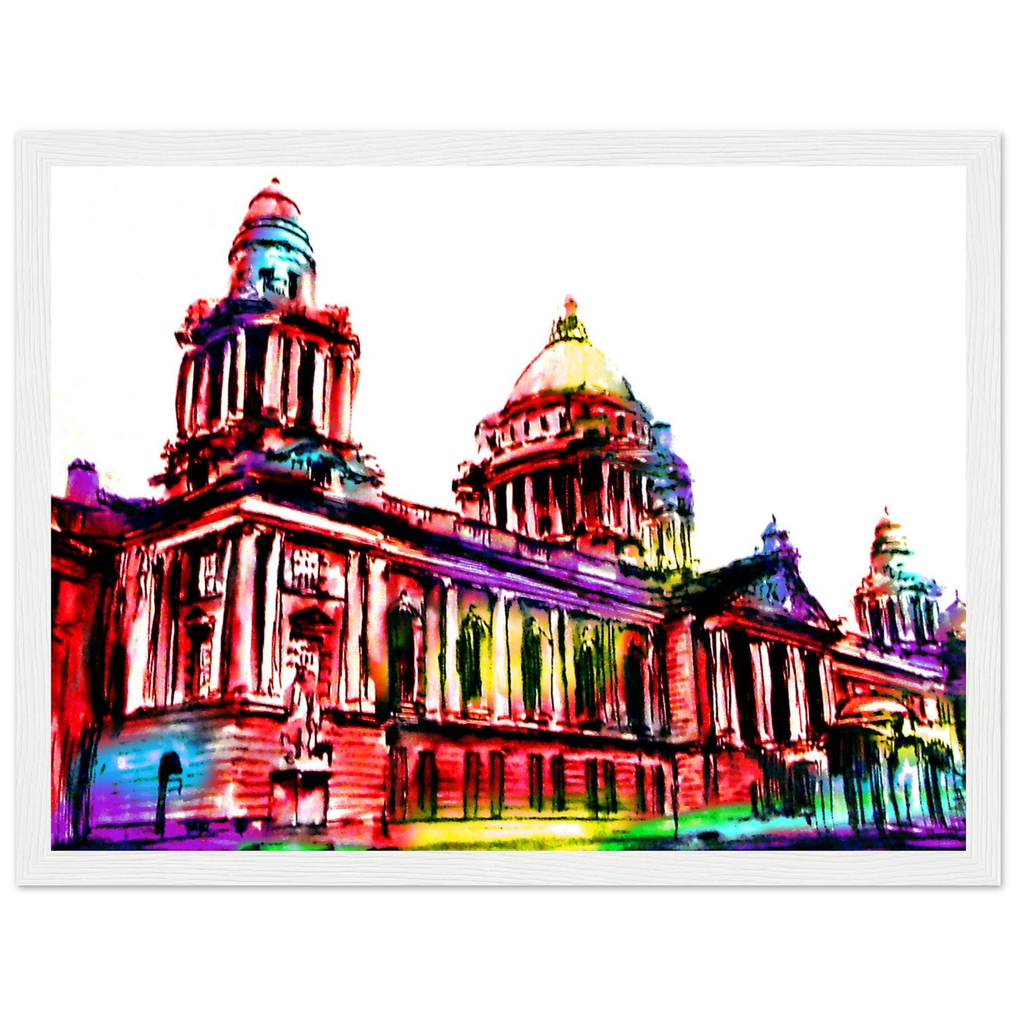 Vibrant Belfast City Hall Framed Art Print by Ó Maoláin. Colourful depiction of Belfast's iconic landmark, reflecting its dynamic spirit. Perfect for commemorating your connection to Belfast or sharing its charm.