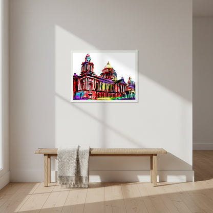 Vibrant Belfast City Hall Framed Art Print by Ó Maoláin. Colourful depiction of Belfast's iconic landmark, reflecting its dynamic spirit. Perfect for commemorating your connection to Belfast or sharing its charm.