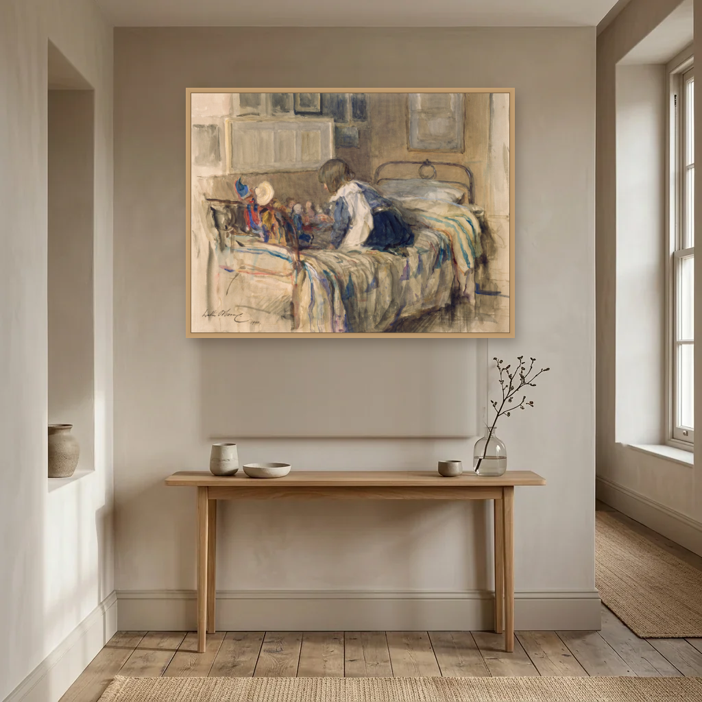 The Dolls’ School art print, framed and hung in a hallway