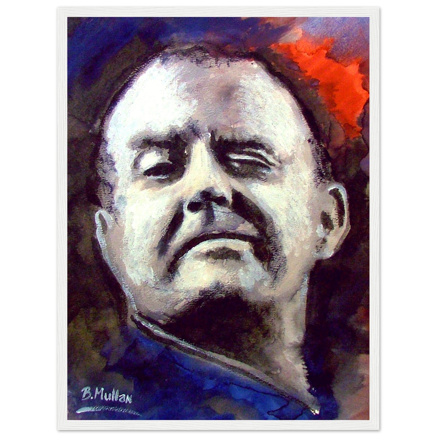 Portrait of Christy Moore, Irish folk singer-songwriter. Art print by B. Mullan, featuring iconic songs like 'Ride On' and 'The Voyage'. Celebrate Irish music and culture with this vibrant wall art.