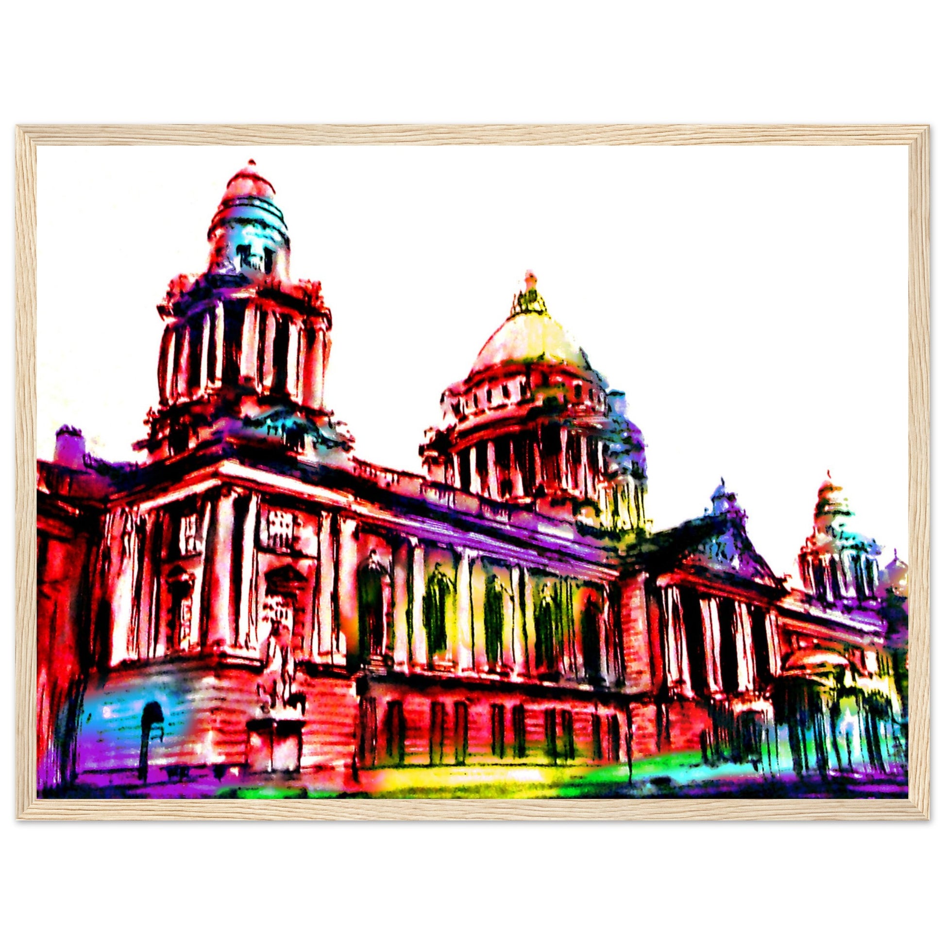 Vibrant Belfast City Hall framed art print showcasing the iconic landmark in a burst of colorful hues. This lively artwork captures the dynamic spirit of Belfast, making it a perfect addition to any home or office decor.