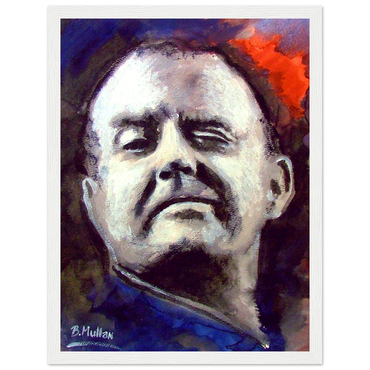 Portrait of Christy Moore, Irish folk singer-songwriter. Art print by B. Mullan, featuring iconic songs like 'Ride On' and 'The Voyage'. Celebrate Irish music and culture with this vibrant wall art.