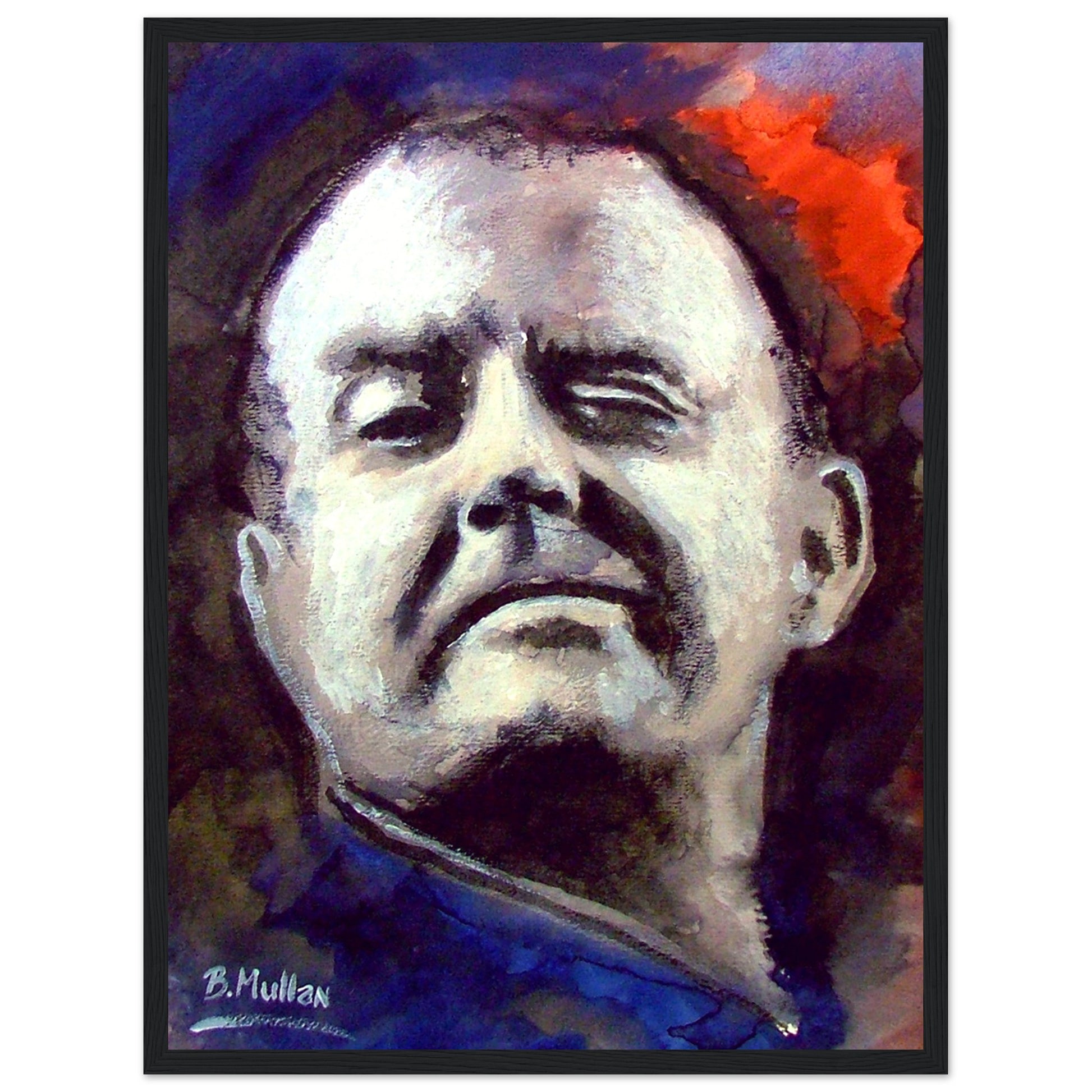 Portrait of Christy Moore, Irish folk singer-songwriter. Art print by B. Mullan, featuring iconic songs like 'Ride On' and 'The Voyage'. Celebrate Irish music and culture with this vibrant wall art.