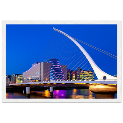 Enchanting Dublin skyline at night: Samuel Beckett Bridge & Convention Centre lights reflected on River Liffey. Framed art print captures city's magic.