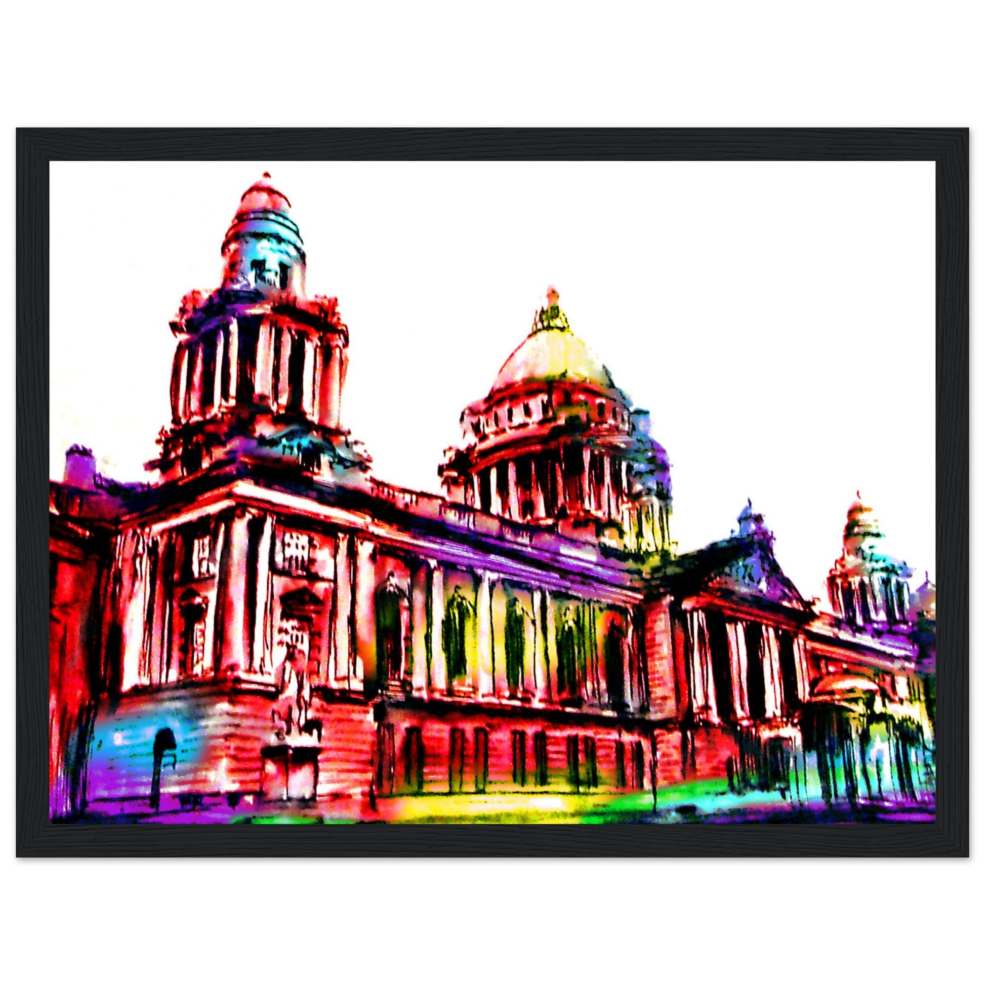 Vibrant Belfast City Hall Framed Art Print by Ó Maoláin. Colourful depiction of Belfast's iconic landmark, reflecting its dynamic spirit. Perfect for commemorating your connection to Belfast or sharing its charm. Great Wedding Gift.