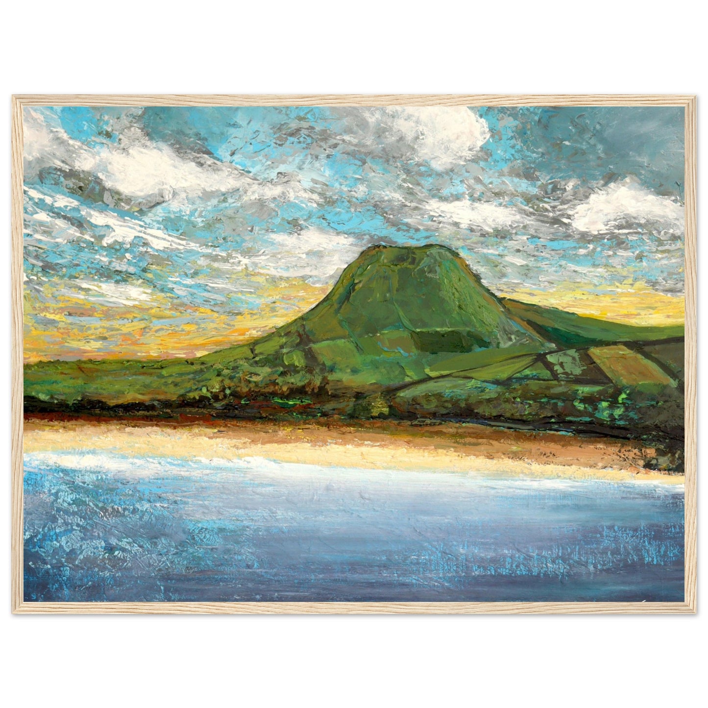 Framed semi-abstract giclee print by Irish artist Ó Maoláin featuring Lurig Mountain and Cushendall Beach in Antrim. The vibrant landscape captures the scenic beauty of the rural beach with its crystal clear waters and sheltered bay, perfect for sea swimming.