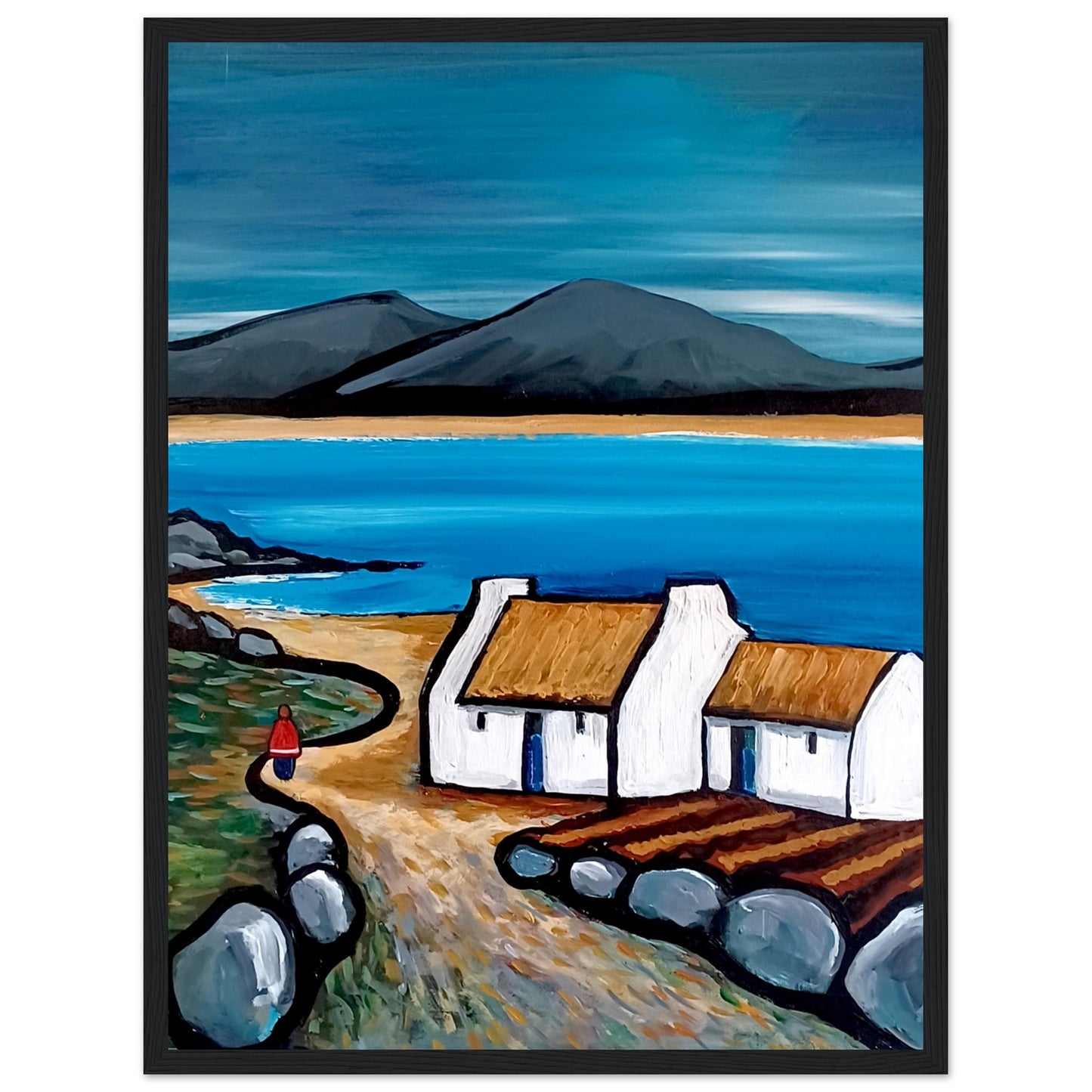 Framed art print titled Connemara Lakes Cottage by Irish artist Ó Maoláin. Features a serene lakeside cottage in Connemara, Ireland, with lush greenery and tranquil waters. The piece captures the rustic beauty of the Irish countryside, enhancing home decor.