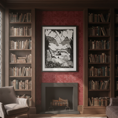 Kunstdruck von Harry Clarke – Poes mysteriöse Geschichten (1923) – „Landors Cottage“ | Gerahmte Reproduktion in Museumsqualität