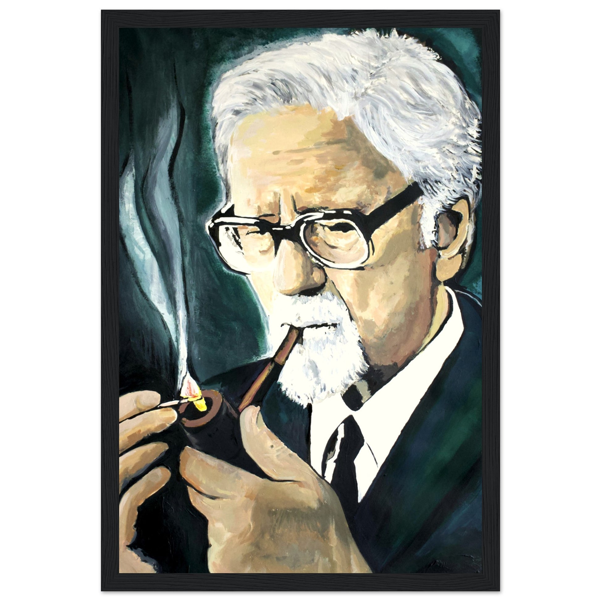 John Hewitt framed fine art print by Irish artist Ó Maoláin. This portrait captures the essence of John Hewitt, the renowned writer, as he leisurely smokes his pipe, a meaningful addition to any space, celebrating his impact on literature.